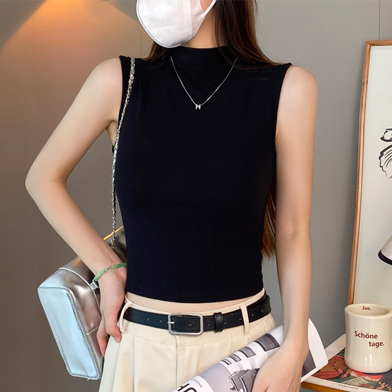 Threaded Black Half Turtleneck Camisole Women's Spring and Summer Slim Outer Wear Short Style Inner Sleeveless Slimming Bottoming Top