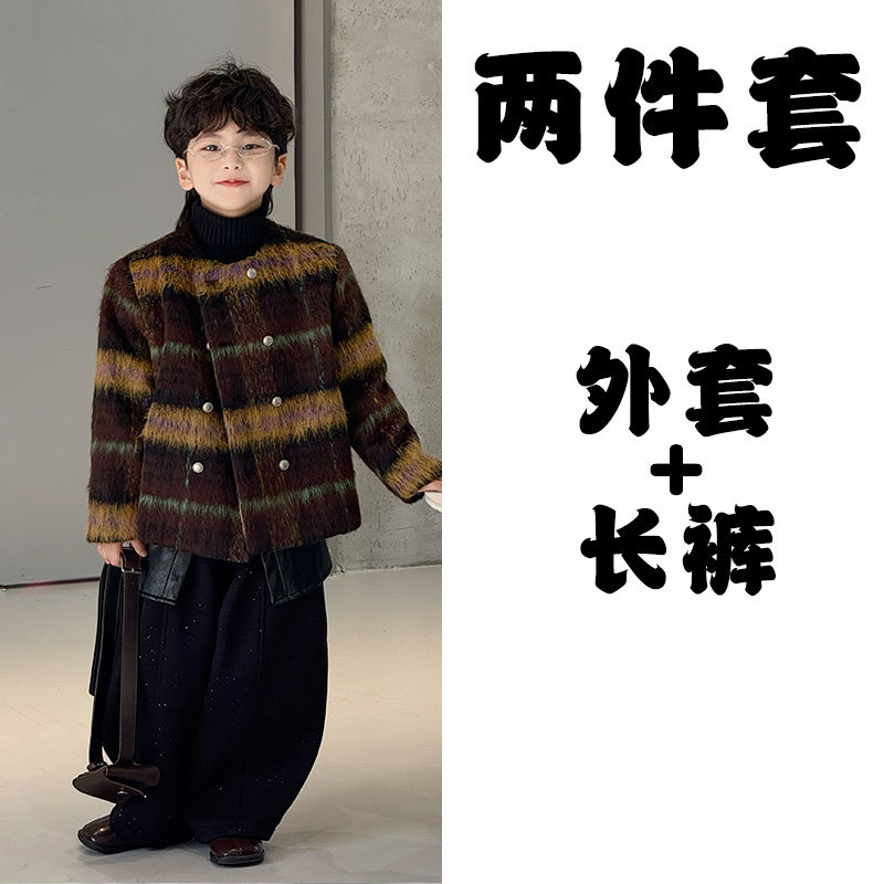 Комплект, коричневая шерстяная куртка, флисовые черные штаны