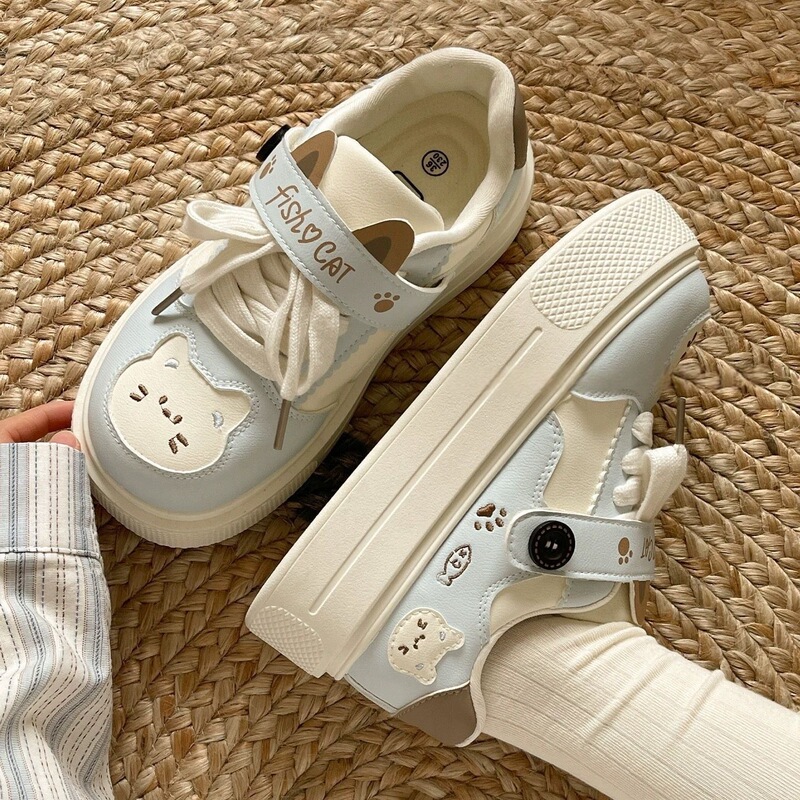 Cute Kitten White Sneakers for Female Students, 2026 New Spring Style Platform Shoes, Height-Increasing Thick-Soled Casual Shoes for Women