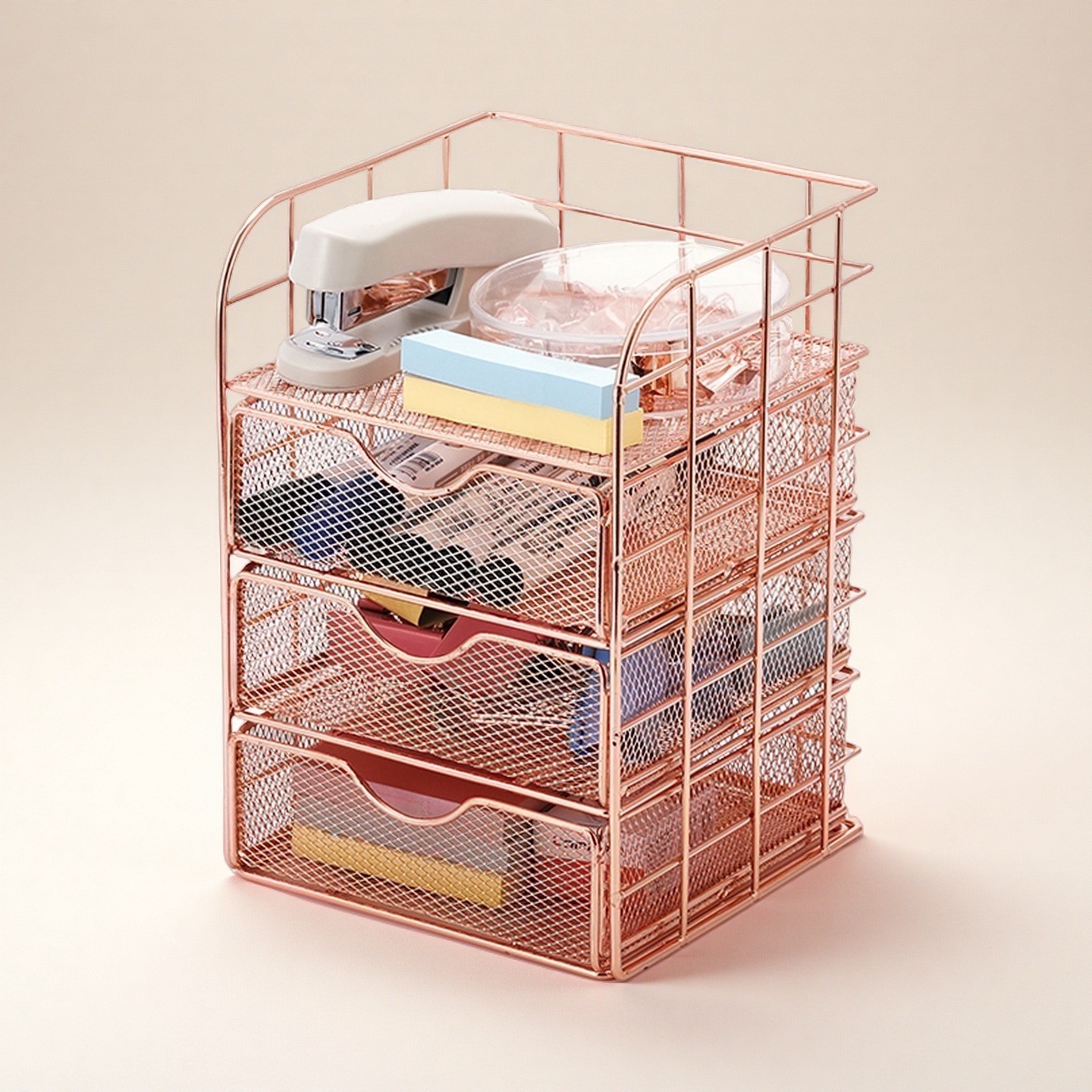 Caja de almacenamiento de escritorio, organizador de suministros de oficina tipo cajón, estante de almacenamiento de papelería de varias capas, archivador metálico de cuatro niveles de gran capacidad