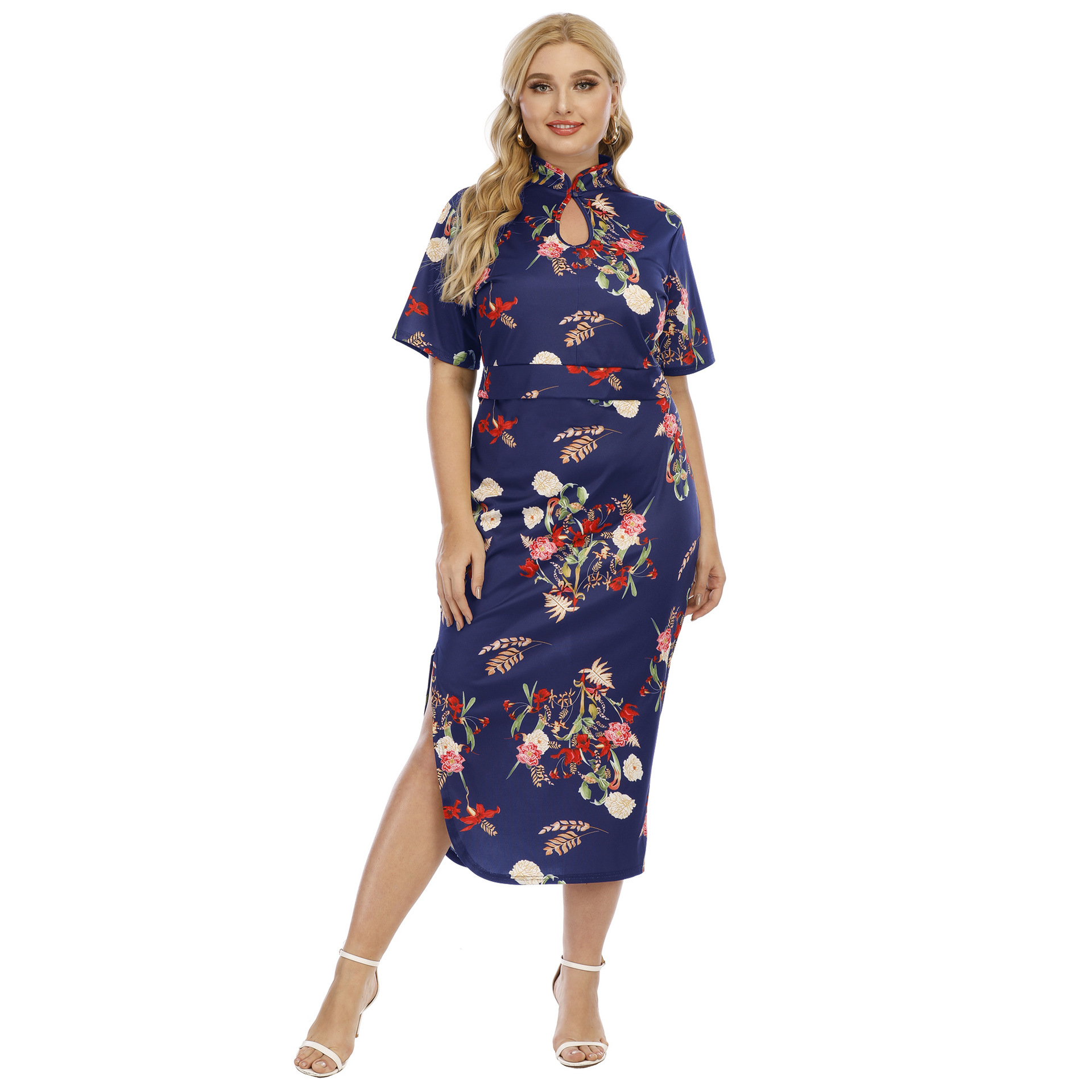plus size cheongsam style short-sleeved slim slit flower print top and skirt suit NSOY125577