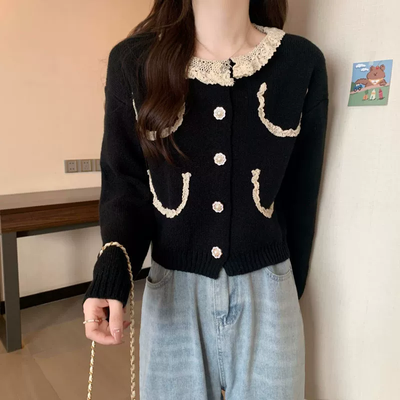 Вязаный oversize кардиган, женский свитер с кружевной оторочкой фуксия, осенний