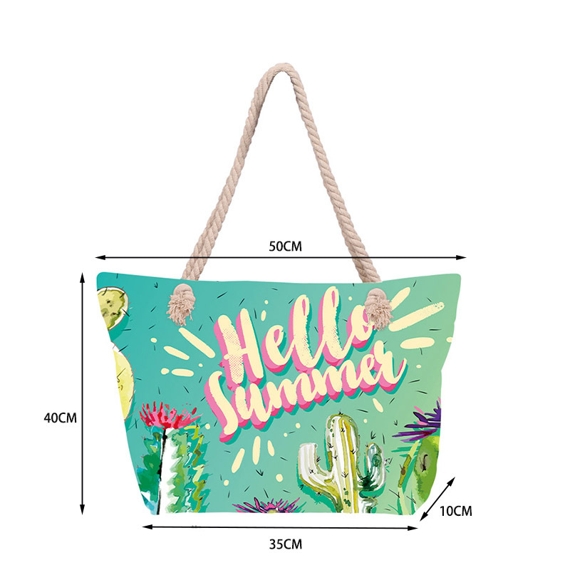 Bolso de playa impreso para mujer de venta caliente transfronterizo Bolso de lona portátil de gran capacidad Bolso de hombro junto al mar Bolso de mano con cuerda de algodón
