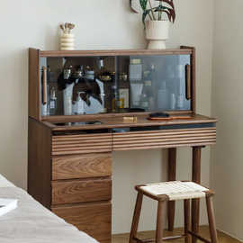 轻奢高级北美黑胡桃木梳妆台现代简约全实木玻璃推拉款梳妆桌
