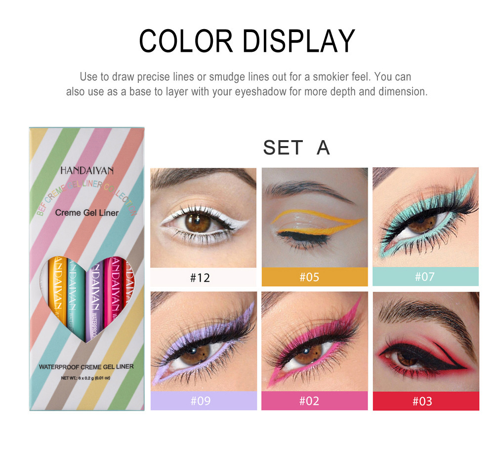 Cross-border bestseller: 6-piece set of HANDAIYAN eyeliner pen, rotatable, waterproof and non-smudging, colorful eyeliner gel pen set Item Picture