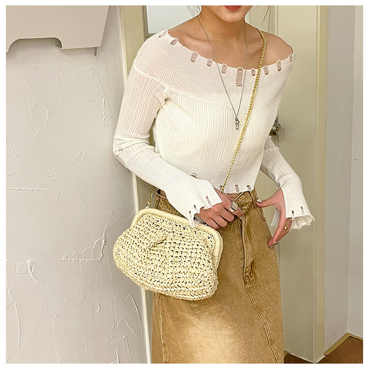 Straw Material Women's Backpack Backpack Women's Small Straw Solid Color Elegant Lock Clasp Crossbody Bag
