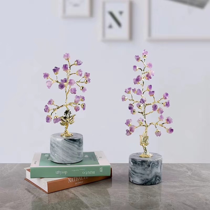 轻奢天然紫水晶石葡萄树摆件乔迁新居客厅桌面玄关柜家居软装饰品
