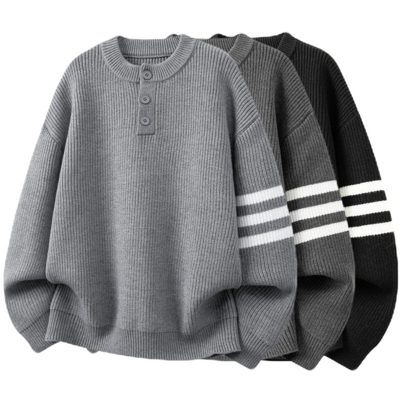 Cross-Border Popular European Size Large Size Henry Collar Three-Stripe Sweater Men's Autumn and Winter Outerwear Trendy Brand Factory Wholesale