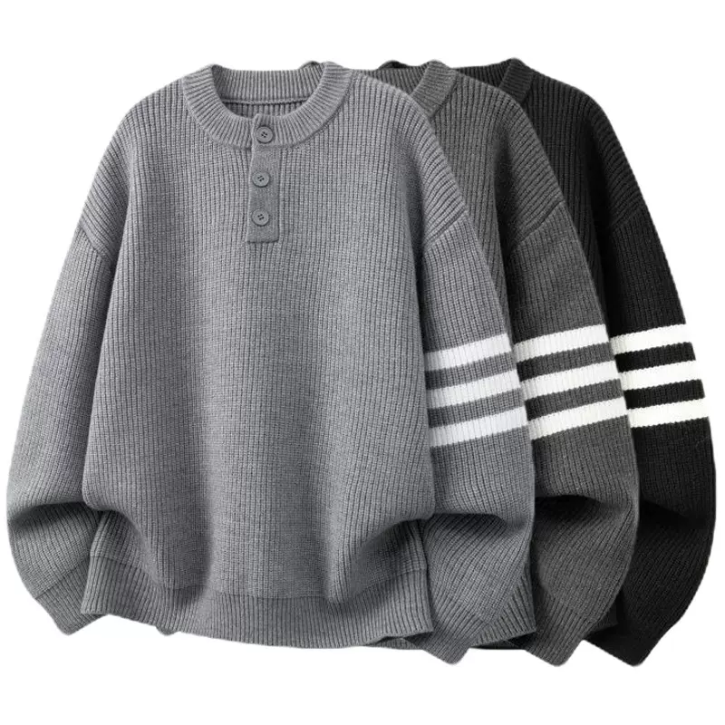 跨境爆款2025秋冬季大码三条杠针织衫毛衣男秋冬外搭潮牌工厂批发