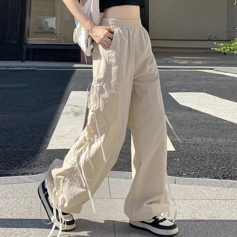 Trendy Casual Sweatpants for Women, Autumn and Winter 2026 New Style, High-Waisted, Lace Trim, Drapey, Slimming, Sporty Wide-Leg Pants