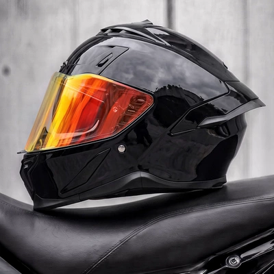 Motosiklet kaskı (dəbilqə) — riding, full-face motorcycle helmet - piano-black-finish-electronic-red-mirror-coating-includes-a-transparent-mirror-m55-56cm