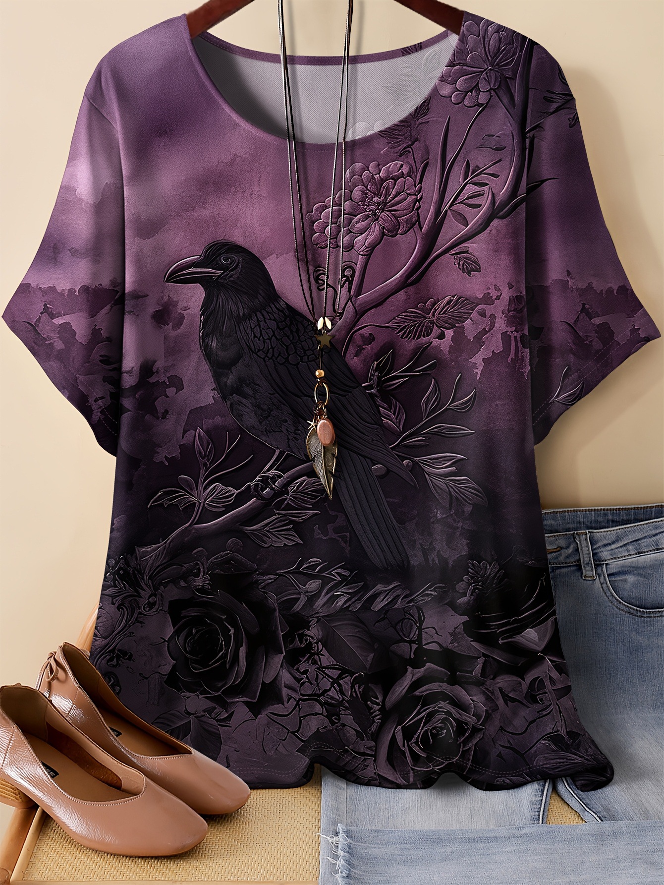 Floral & Crow Print Oversized T-Shirt – Soft Milk Silk Blend Short Sleeve Tee Unisex Oversized Cut_ecoleips.com