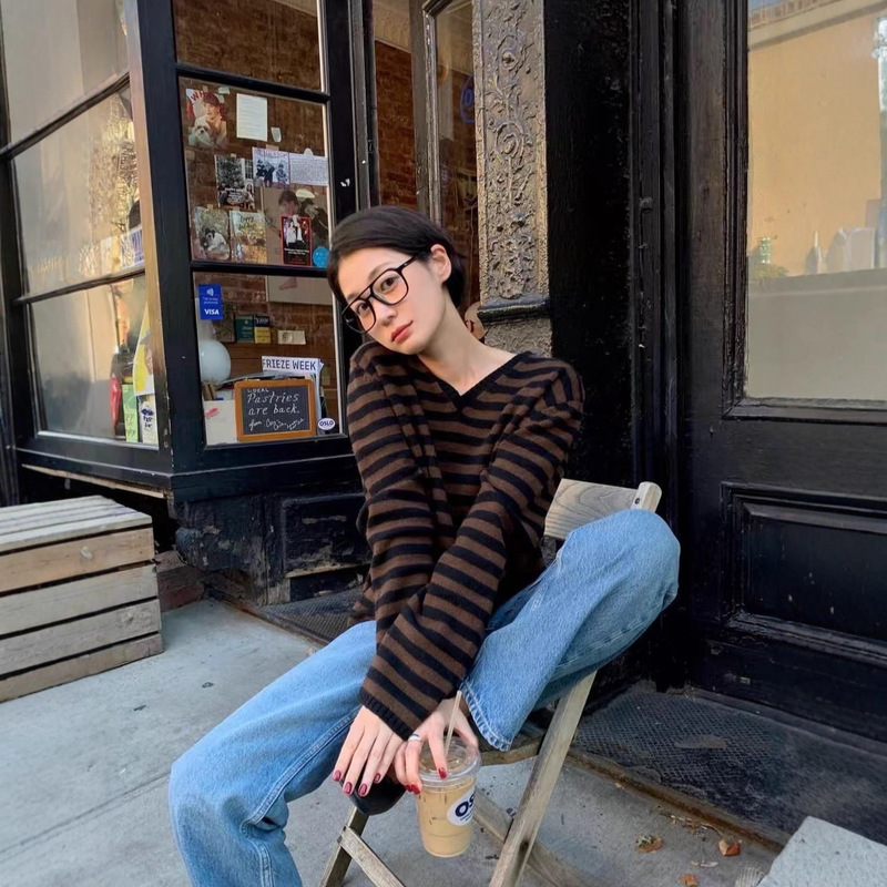 Now Noth*Ing Wi*En Wool Stripesd Knitwear Korean Designer Women's V-Neck Slim Korean Knitwear