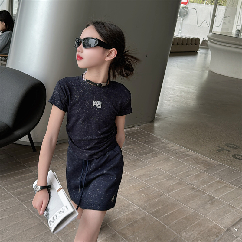 女童夏装撒银短袖T恤衫上衣2024新款韩版儿童洋气时髦休闲短裙裤9