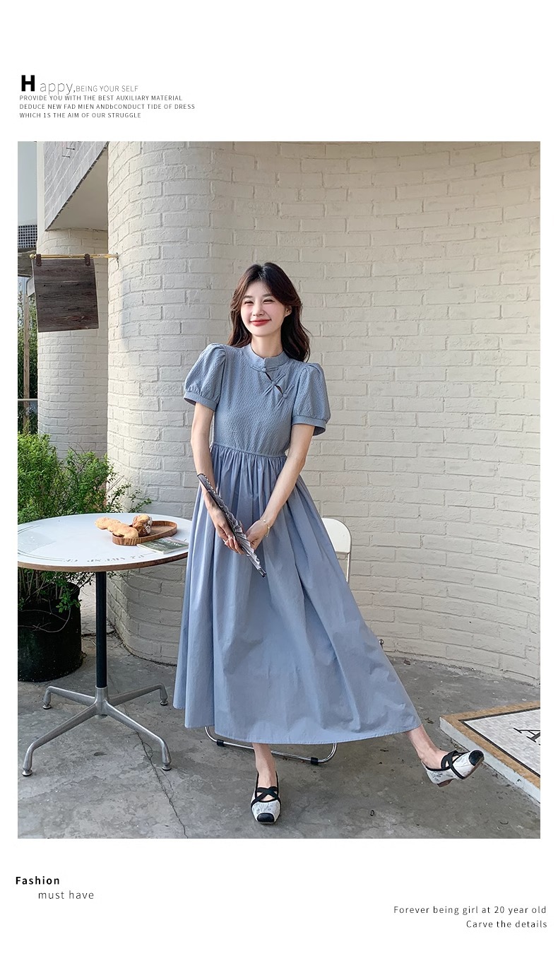 Blue Chinese Style For Women, Summer 2025 New Model, Improved Cheongsam, Elegant And Slimming Long A-line Dress_ecoleips.com