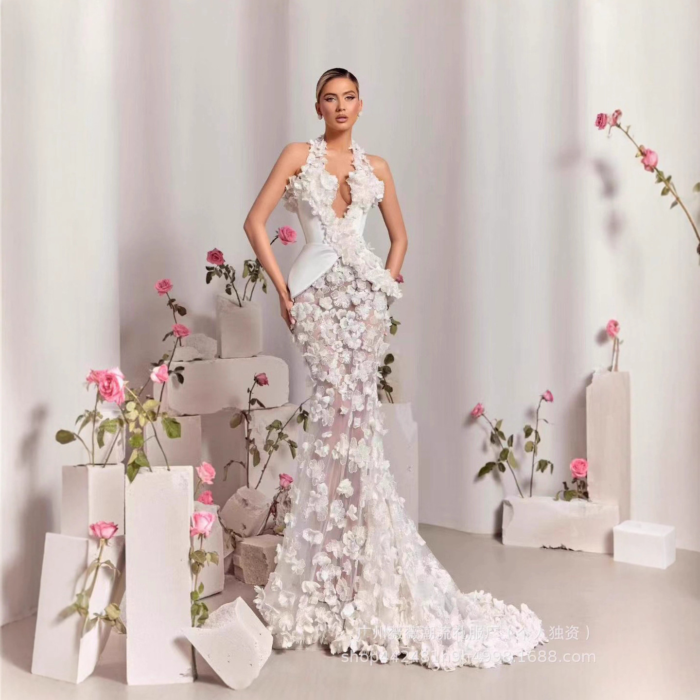 Cross-Border European and American Export White Halterneck Deep V Neck Stereo Flower Hip-Covering Slim Fishtail Host Banquet Evening Dress for Women
