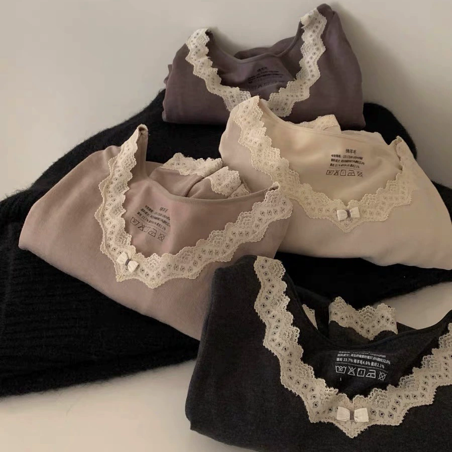 Осень и зима 2023 Обогреватель из хлопковой шерсти с кружевной кромкой Женский легкий теплый мягкий эластичный Трикотажный костюм для дома