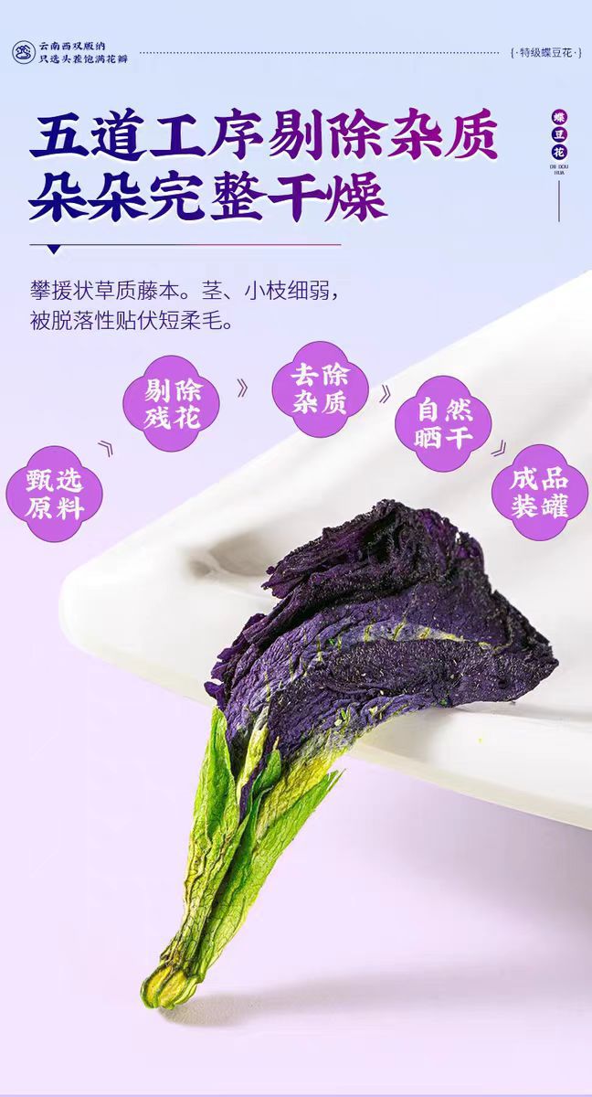 Blue Butterfly Pea Flower (Clitoria ternatea) — Dried Yunnan Butterfly Pea Herbal Tea, 500g quality and texture
