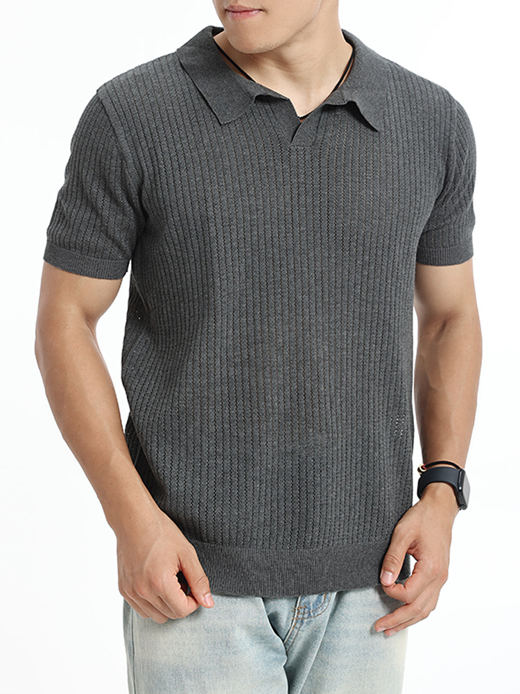 Europa y los Estados Unidos transfronterizos hombres de verano V-collar agujero hielo tejido polo camiseta alta sensación delgada con solapa transpirable mangas cortas
