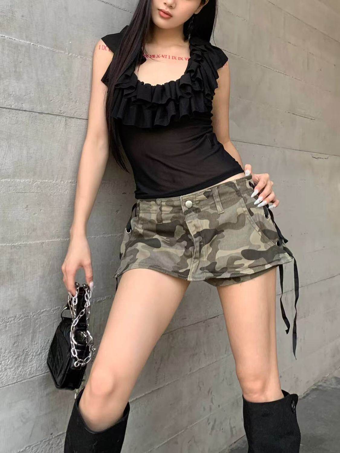 美式vibe高街迷彩超短牛仔裤裙夏辣妹低腰修身显瘦阔腿包臀裤裙潮