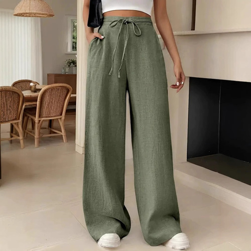 European and American women's clothing with uniform color and code. High-waist, slimming and draping casual lacing, wide-leg pants.