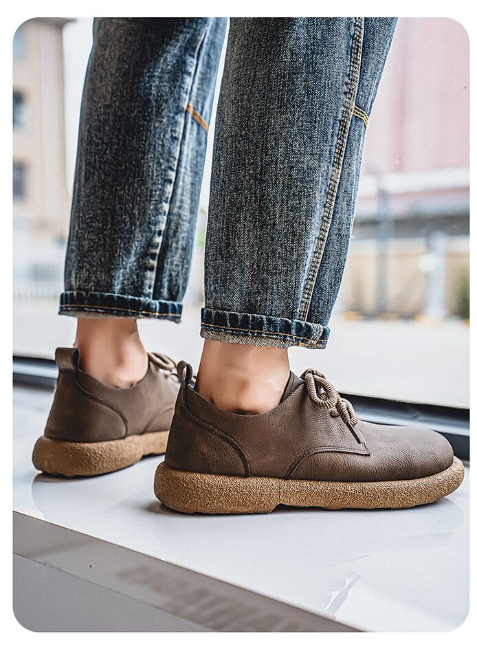 Giày da nam cổ thấp kiểu Martin phong cách retro, đế mềm chống thấm nước, form rộng cỡ lớn — Kaki, màu nâu, màu đen chi tiết 16