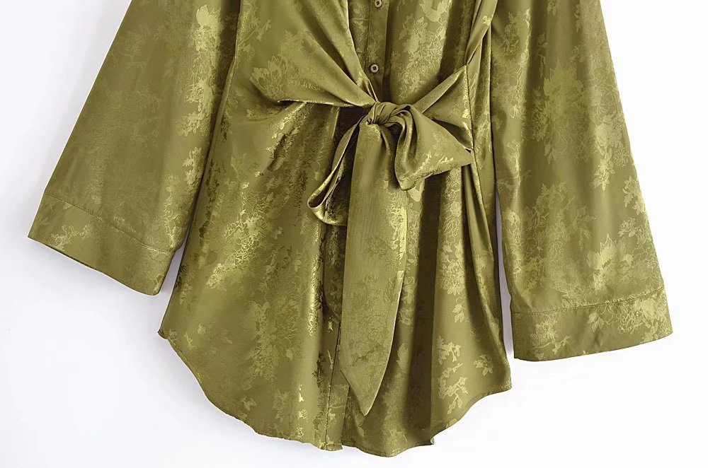 Olive Green Satin Jacquard Lace-Up Trumpet Sleeve Dress NSXFL105254