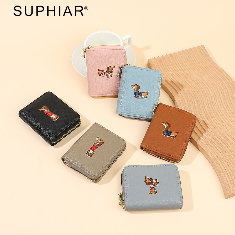 Paquete de tarjetas con cremallera de dibujos animados con bordado de PU