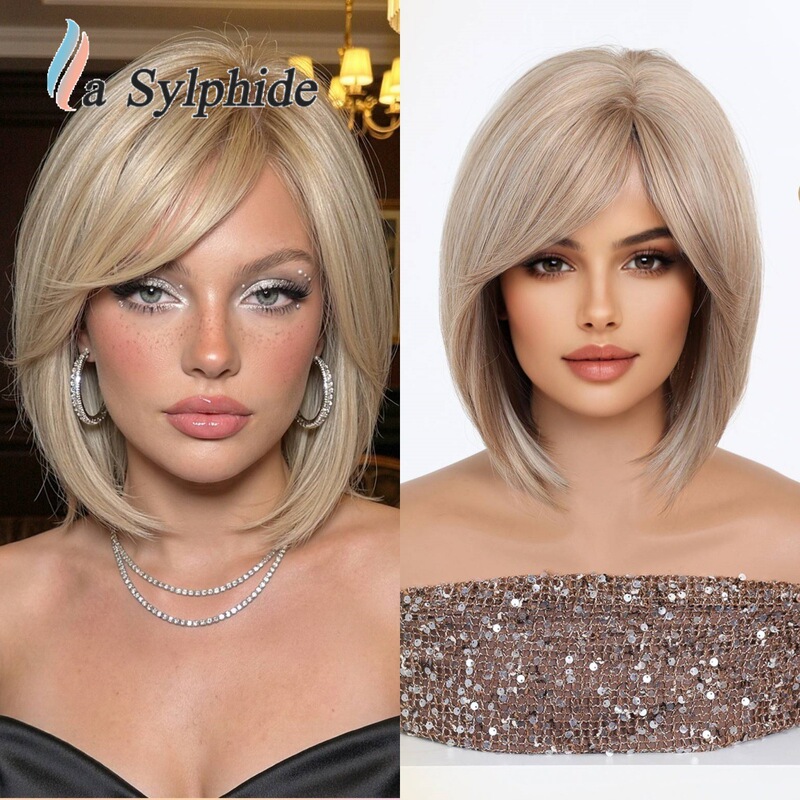 Wig for Women with Brown Highlights, Collarbone-Length Bob Short Straight Hair, Side-Parted Bangs, Breathable Rose Mesh Cap, Xuchang Factory