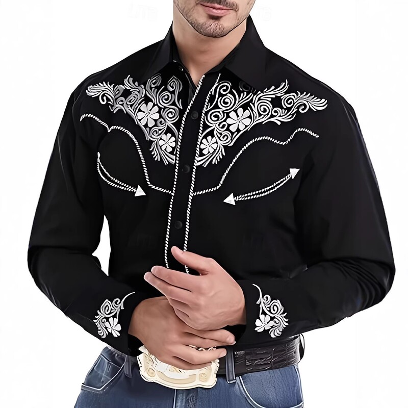 Cross-Border American-Style Western Curly Grass Pattern Printed Men's Long-Sleeved Shirt, Four-Way Stretch, No-Iron, American-Style Casual Long-Sleeved Shirt Cross-Border American-Style Western Curly Grass Pattern Printed Men's Long-Sleeved Shirt, Four-Way Stretch, No-Iron, American-Style Casual Long-Sleeved Shirt