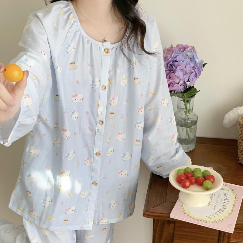 2025 New Korean Style Super Soft and Cute Ins Style Pajamas Pure Cotton Double-Layer Yarn Round Neck Breathable Home Wear Set