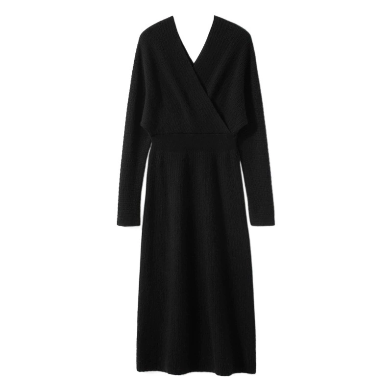 Повседневное однотонное кашемировое платье с V-образным вырезом, женский свитер в стиле ретро с перекрестным вырезом, трикотажная юбка А-силуэта, базовая юбка выше колена, одношаговая юбка