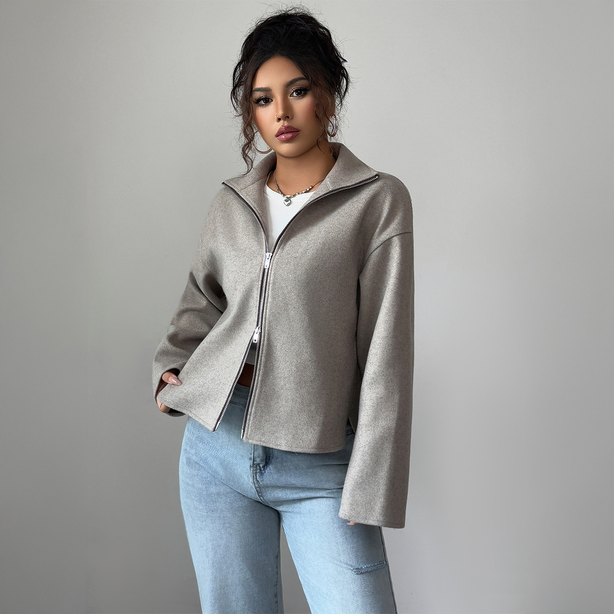 Elegant Dusty Rose Zip-Up Jacket For Women – Slim-Fit Long Sleeve Blazer Coat Versatile Layering Dusty Rose_ecoleips.com