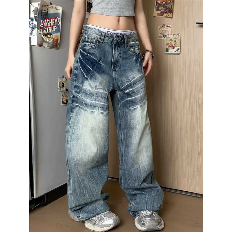 American Style Retro Vibe Street Washed Lightning Pattern Jeans Women's Design Sense Loose Straight Tube Dipped Wide Leg Pants