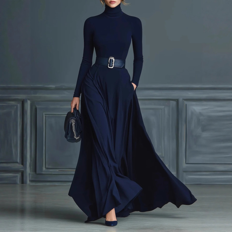 2025 European and American Women's Clothing Independent Station Autumn and Winter Amazon Long-Sleeved Pure Color Waist High-Neck Dress Long Skirt
