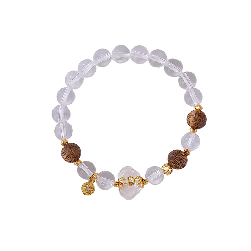 Vòng tay bạc S925 mạ vàng hạt tròn đính tinh thể trắng trầm hương Ruyi đồng xu — Một chiếc