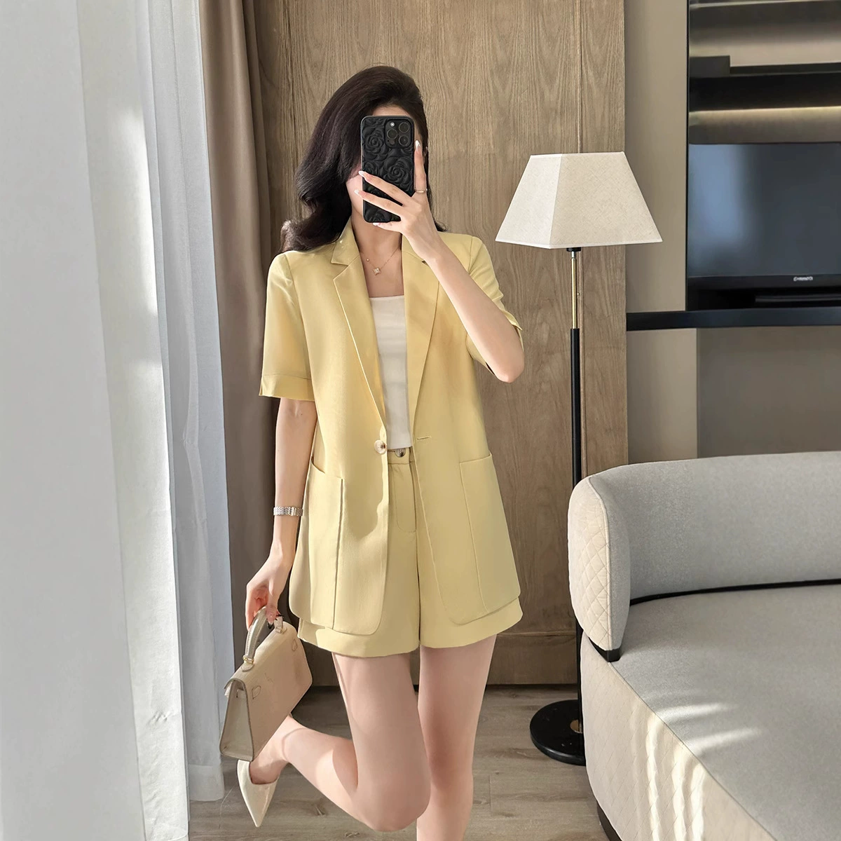 Модный темперамент способный богиня Fan тонкий профессиональный костюм женский летний средний длинный костюм с короткими рукавами костюм шорты из двух частей