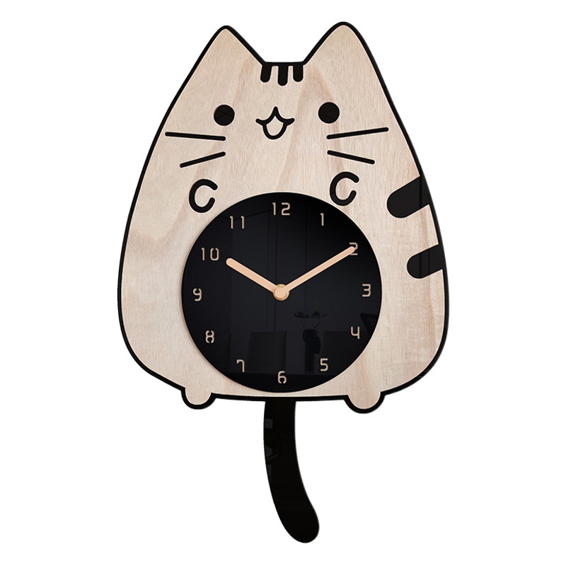 Reloj de pared de cola de gato Reloj de pared de dibujos animados de madera Reloj mudo Habitación de los niños Dormitorio Reloj creativo Reloj de oscilación