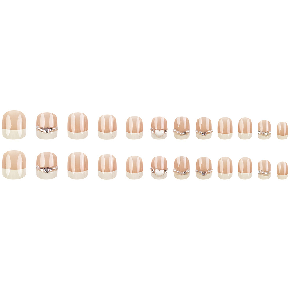 Polvo desnudo francés de perlas, bordes blancos para usar uñas amorosas, adornos de diamante de viento dulce, uñas falsas, 24 piezas de manicuras explosivas.