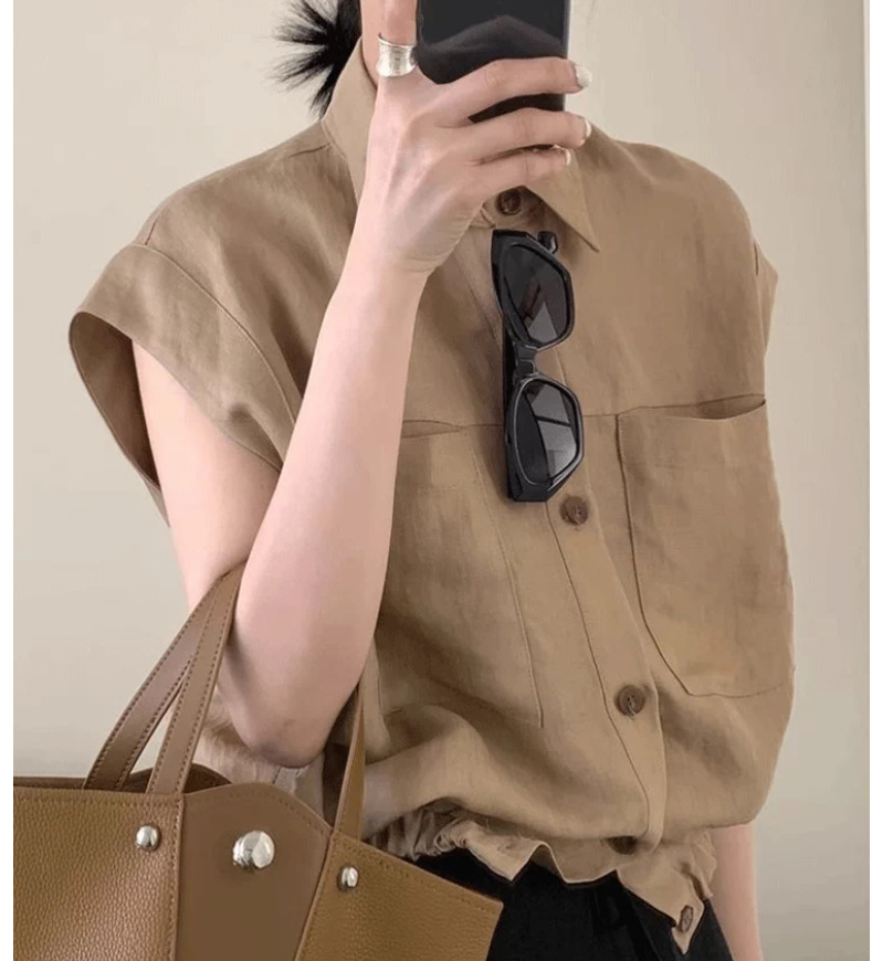 Áo sơ mi polo nữ tay ngắn cổ nhỏ tay lỡ form ôm, thiết kế phối tay lỡ thanh lịch — Màu cà phê chi tiết 1