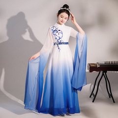 Girls' blue Guqin performance costume for older children, traditional Chinese music art exam evening gown, choral and solo classical children's dress