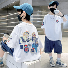 Children's Men's Short Sleeve T-shirt Summer Outfit 2024 New Children's Middle and Big Children Summer Style Summer Boy Top Pure Cotton Trendy T