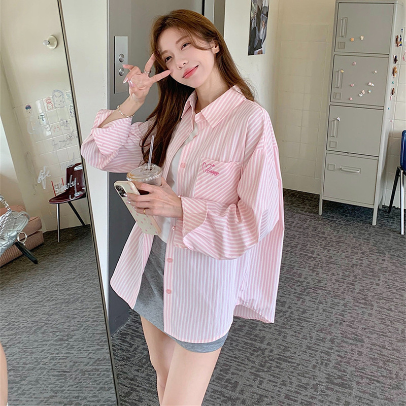 Embroidered Striped Shirt Coat Women's Summer Sun Protection Casual Shirt Loose Mid-length Cardigan All-match Thin Top Embroidered Striped Shirt Coat Women's Summer Sun Protection Casual Shirt Loose Mid-length Cardigan All-match Thin Top