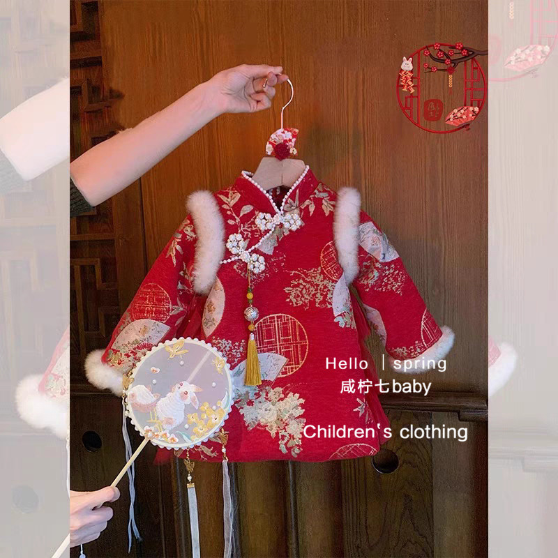 [en stock] ropa de Año Nuevo Tang para niñas ropa de Año Nuevo de invierno cheongsam otoño invierno ropa de Año Nuevo vestido de estilo nacional