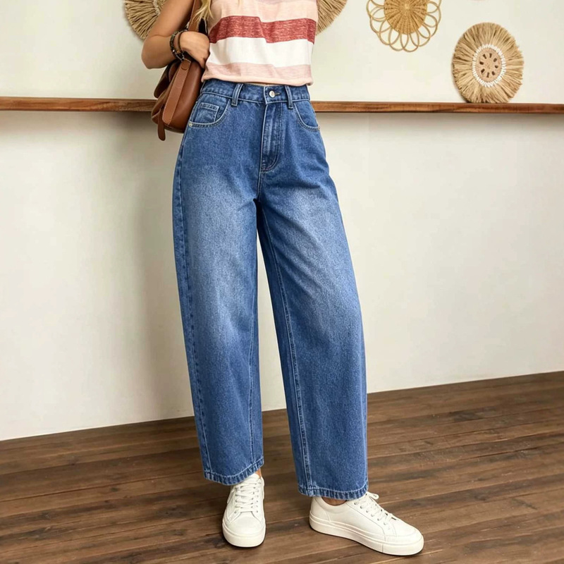 Cross-border loose-fitting European and American versatile elastic casual washed distressed vintage harem cropped women's wide-leg jeans Cross-border loose-fitting European and American versatile elastic casual washed distressed vintage harem cropped women's wide-leg jeans