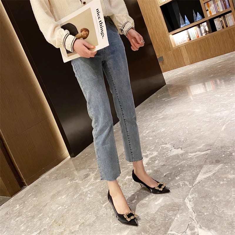 2025 Autumn New Style Pointed Toe Square Buckle Rhinestone Stiletto Heel Versatile Elegant Slip-On High Heels To Match_vogvips.com