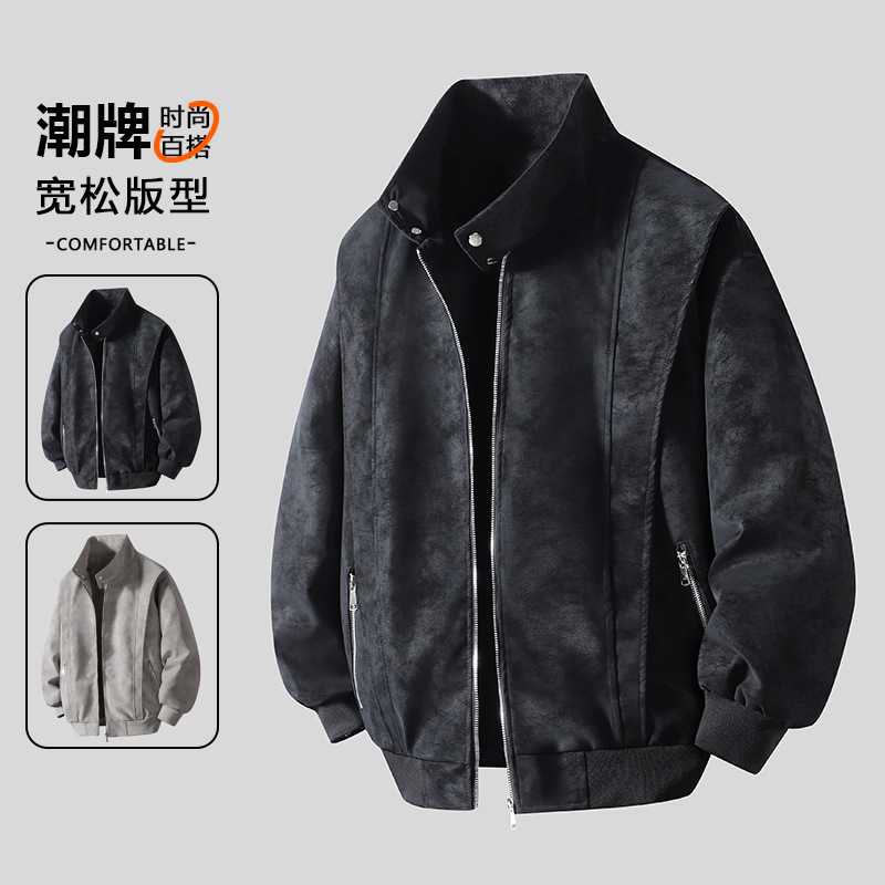 Chaqueta transfronteriza para hombres primavera y otoño comercio exterior estilo americano retro cuello de béisbol ocio suelto abrigo de cuero lavado con agua abrigo de hombre de estilo portugués