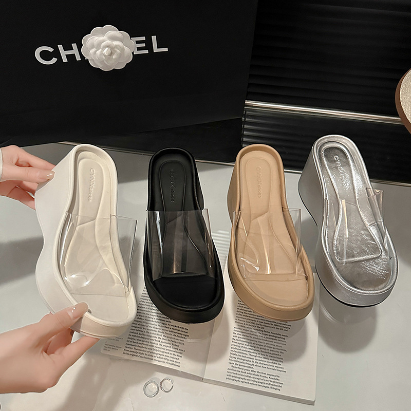Transparent Slippers with High Heel and Thick Bottom Women's Outer Wear 2024 New Summer silver Heel Beach Sandals Transparent Slippers with High Heel and Thick Bottom Women's Outer Wear 2024 New Summer silver Heel Beach Sandals