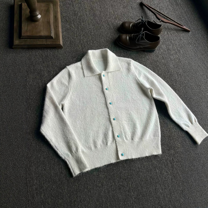 White turquoise cardigan for men, autumn boxy old money style, collared knit sweater, American cleanfit jacket