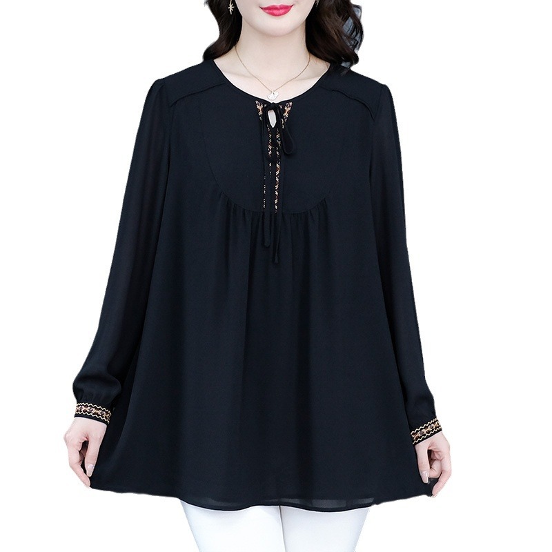 Spring New 200kg fat MM40 years old mother loose plus size long sleeve bottoming chiffon shirt middle-aged and elderly women's clothing